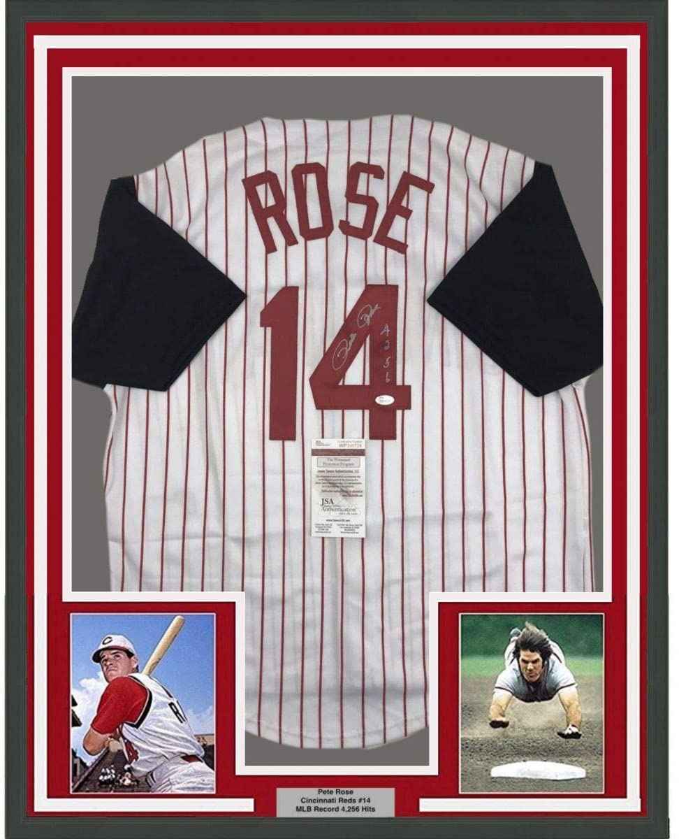 Framed Autographed/Signed Pete Rose 4256 35x39 Cincinnati Pinstripe Baseball Jersey JSA COA