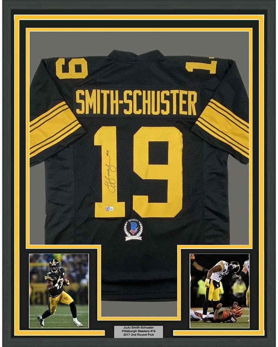 Framed Autographed/Signed JuJu Smith-Schuster 35x39 Pittsburgh Color Rush Football Jersey Beckett BAS COA
