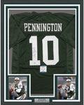 Framed Autographed/Signed Chad Pennington 35x39 New York Green Football Jersey Beckett BAS COA