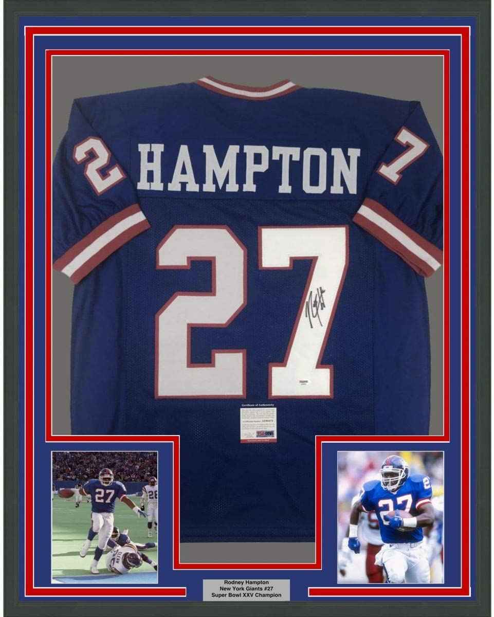 Framed Autographed/Signed Rodney Hampton 35x39 New York Blue Football Jersey PSA/DNA COA