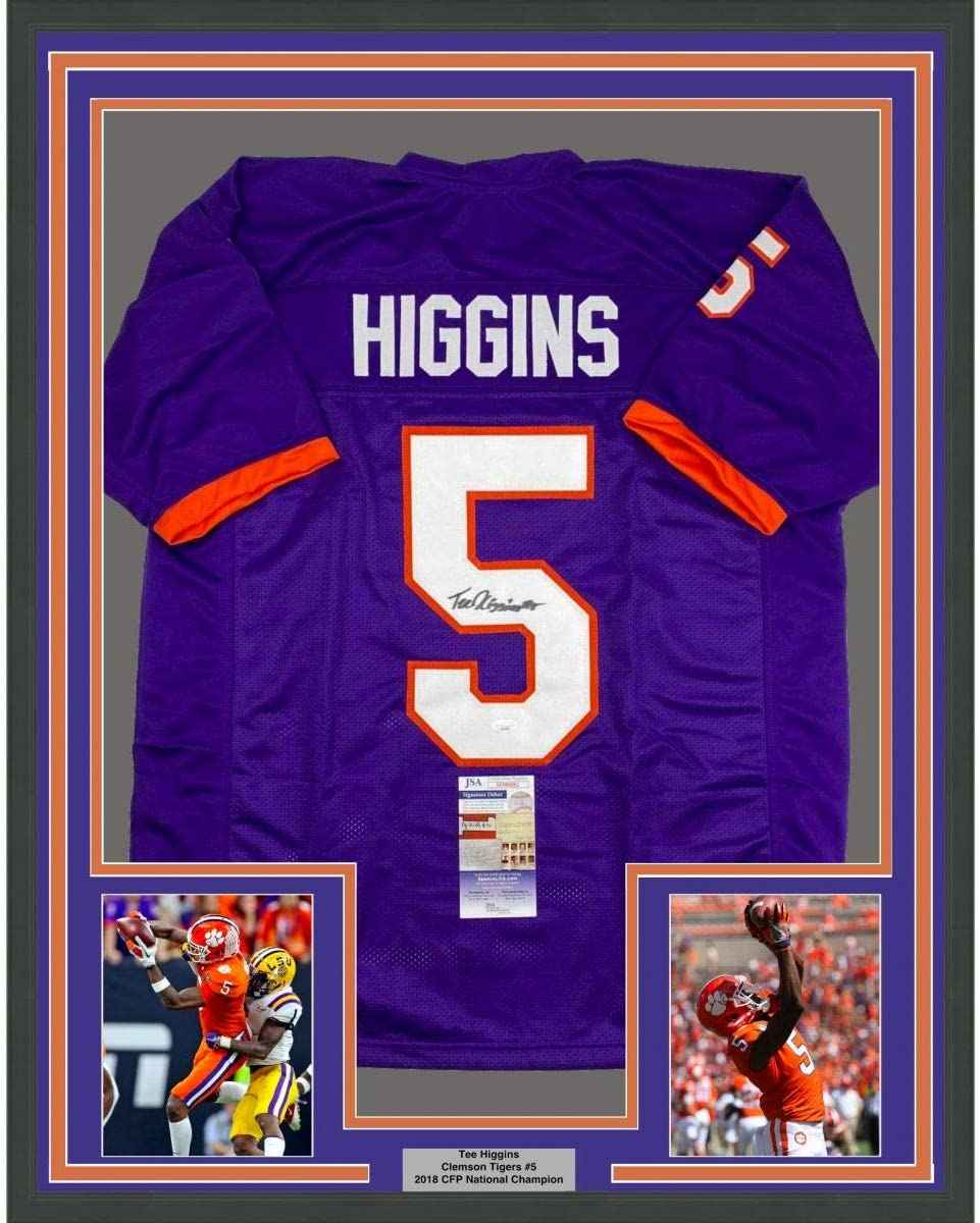 Framed Autographed/Signed Tee Higgins 35x39 Clemson Purple College Football Jersey JSA COA