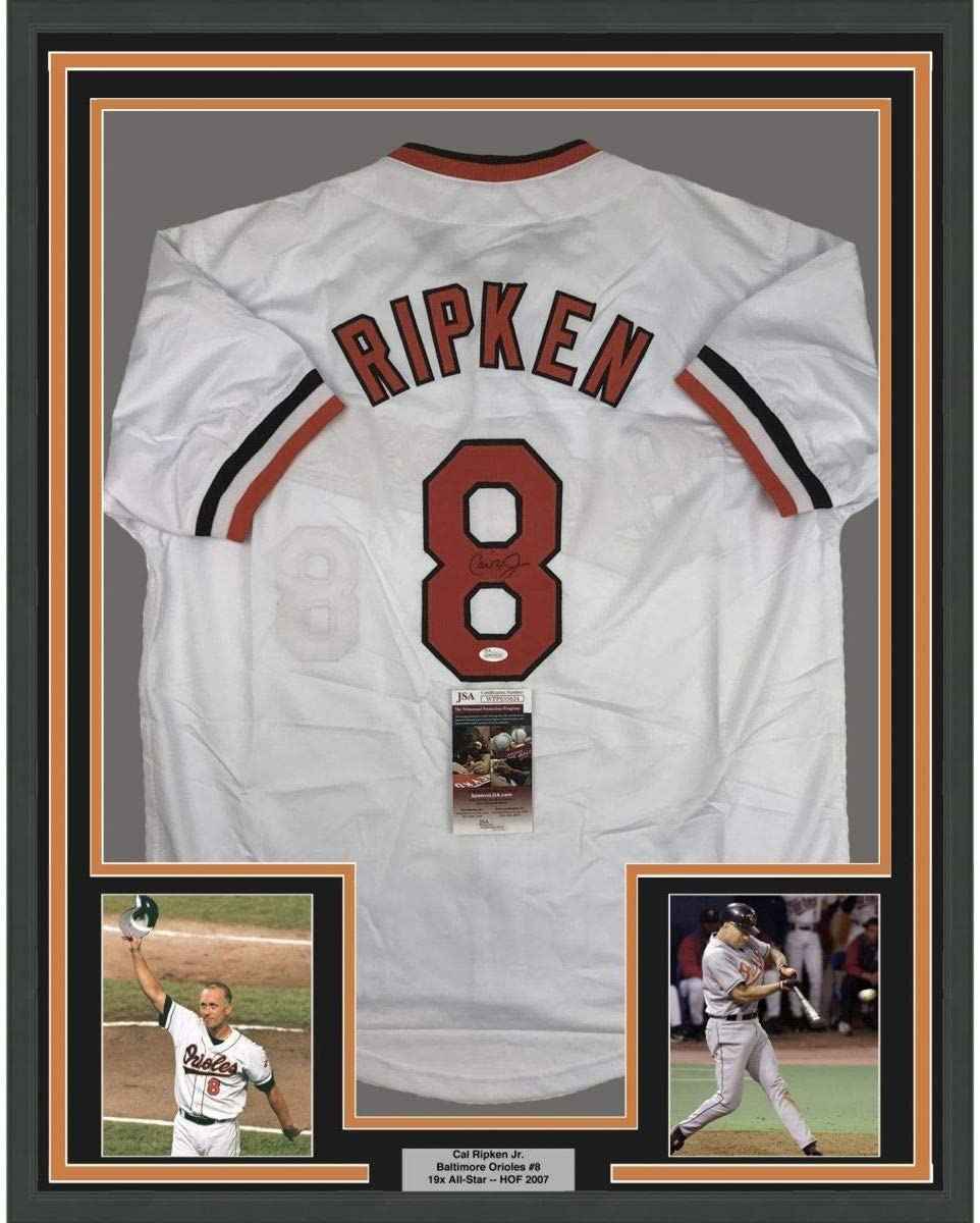 Framed Autographed/Signed Cal Ripken Jr. 35x39 Baltimore White Baseball Jersey JSA COA