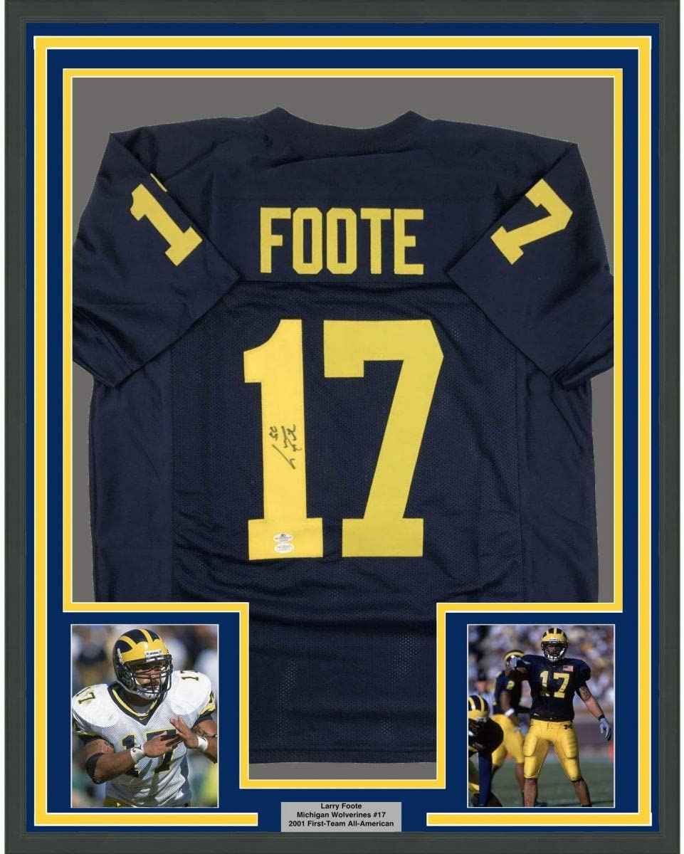 Framed Autographed/Signed Larry Foote 35x39 Michigan Blue College Football Jersey JSA COA Holo Only