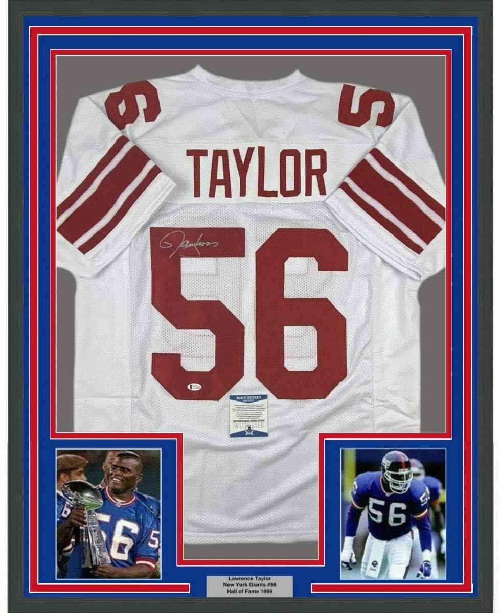 Framed Autographed/Signed Lawrence Taylor 35x39 New York White Football Jersey Beckett BAS COA