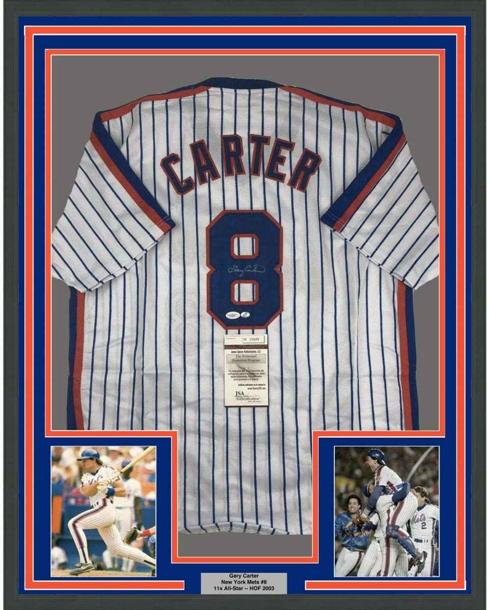 Framed Autographed/Signed Gary Carter 35x39 New York Pinstripe Baseball Jersey JSA COA