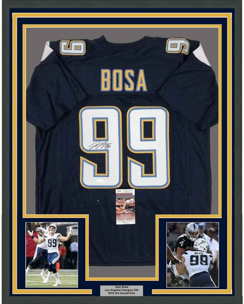 Framed Autographed/Signed Joey Bosa 35x39 Los Angeles LA Dark Blue Football Jersey JSA COA