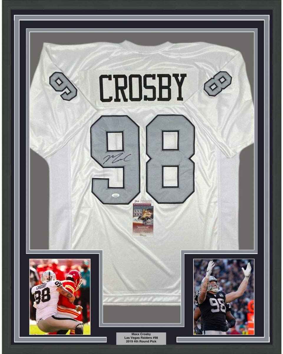 Framed Autographed/Signed Maxx Crosby 35x39 Las Vegas Oakland Color Rush Football Jersey JSA COA