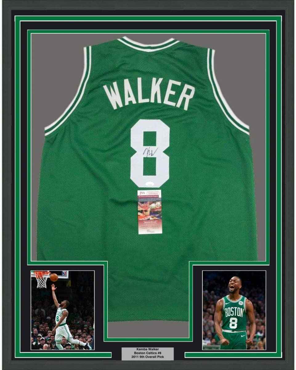 Framed Autographed/Signed Kemba Walker 35x39 Boston Green Basketball Jersey JSA COA