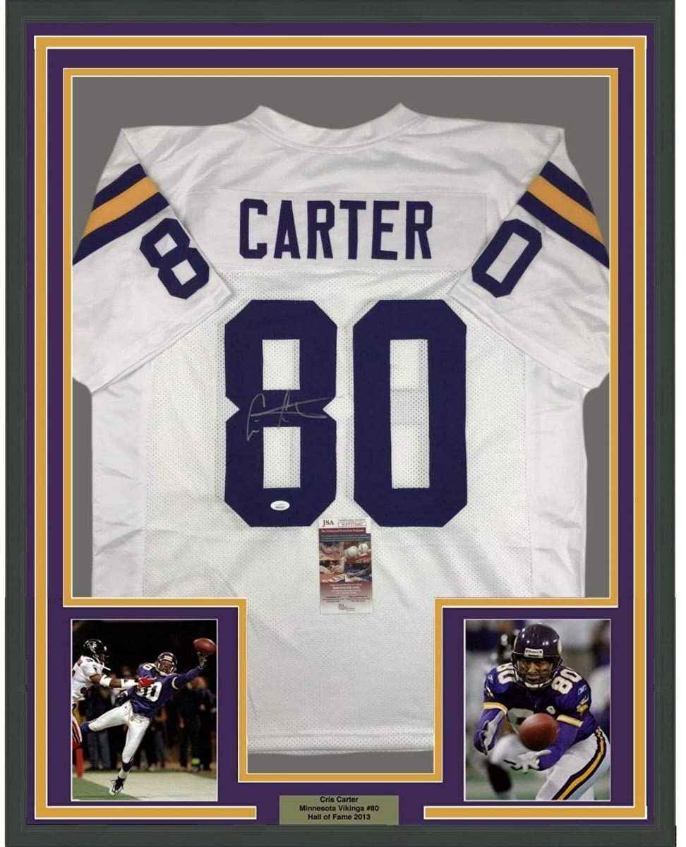 Framed Autographed/Signed Cris Carter 35x39 Minnesota White Football Jersey JSA COA