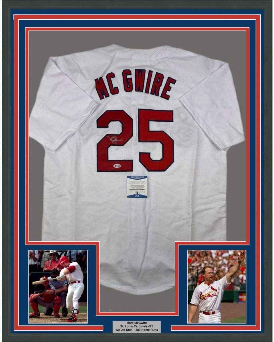 Framed Autographed/Signed Mark McGwire 35x39 St. Louis White Baseball Jersey JSA COA