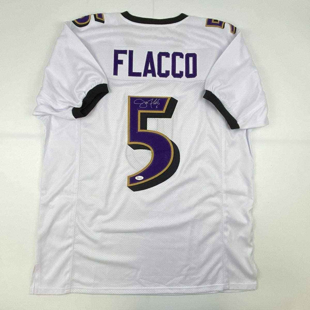 Autographed/Signed Joe Flacco Baltimore White Football Jersey JSA COA