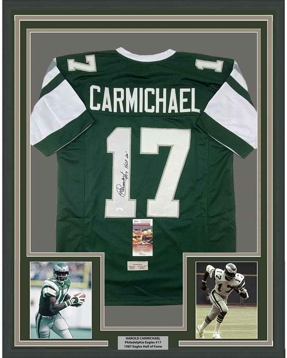 Framed Autographed/Signed Harold Carmichael 35x39 HOF 20 Philadelphia Green Football Jersey JSA COA