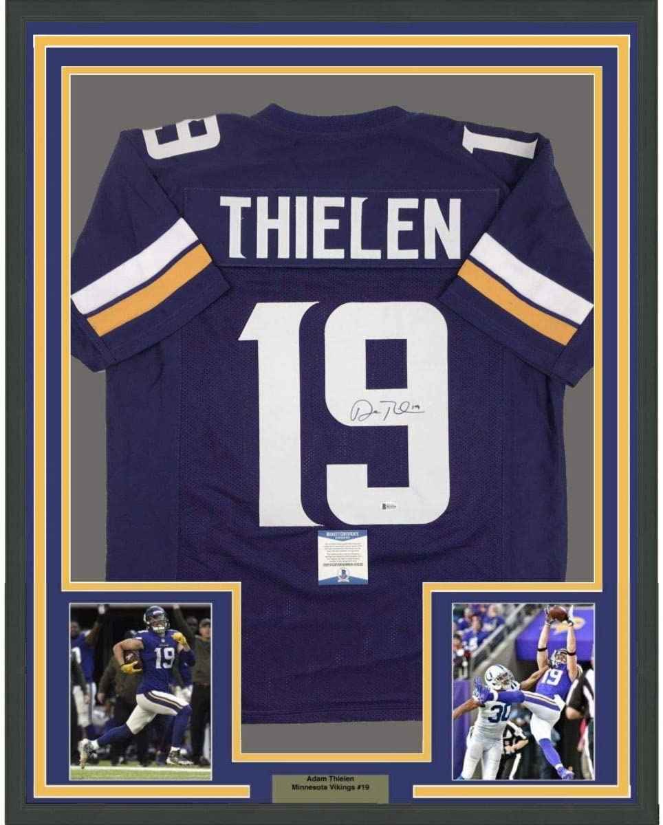 Framed Autographed/Signed Adam Thielen 35x39 Minnesota Purple Football Jersey Beckett BAS COA