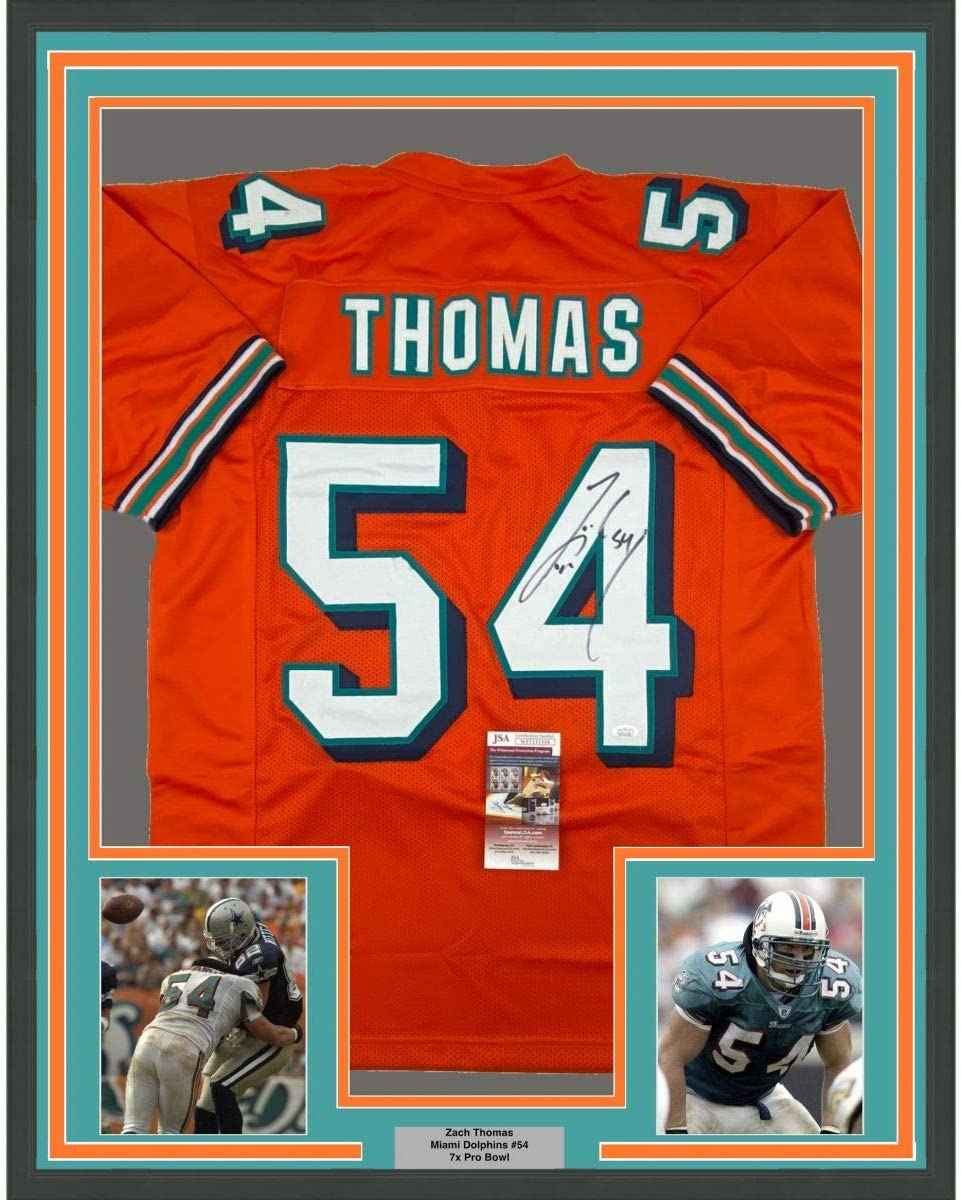 Framed Autographed/Signed Zach Thomas 35x39 Miami Orange Football Jersey JSA COA