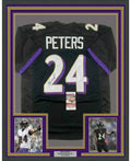 Framed Autographed/Signed Marcus Peters 35x39 Baltimore Black Football Jersey JSA COA
