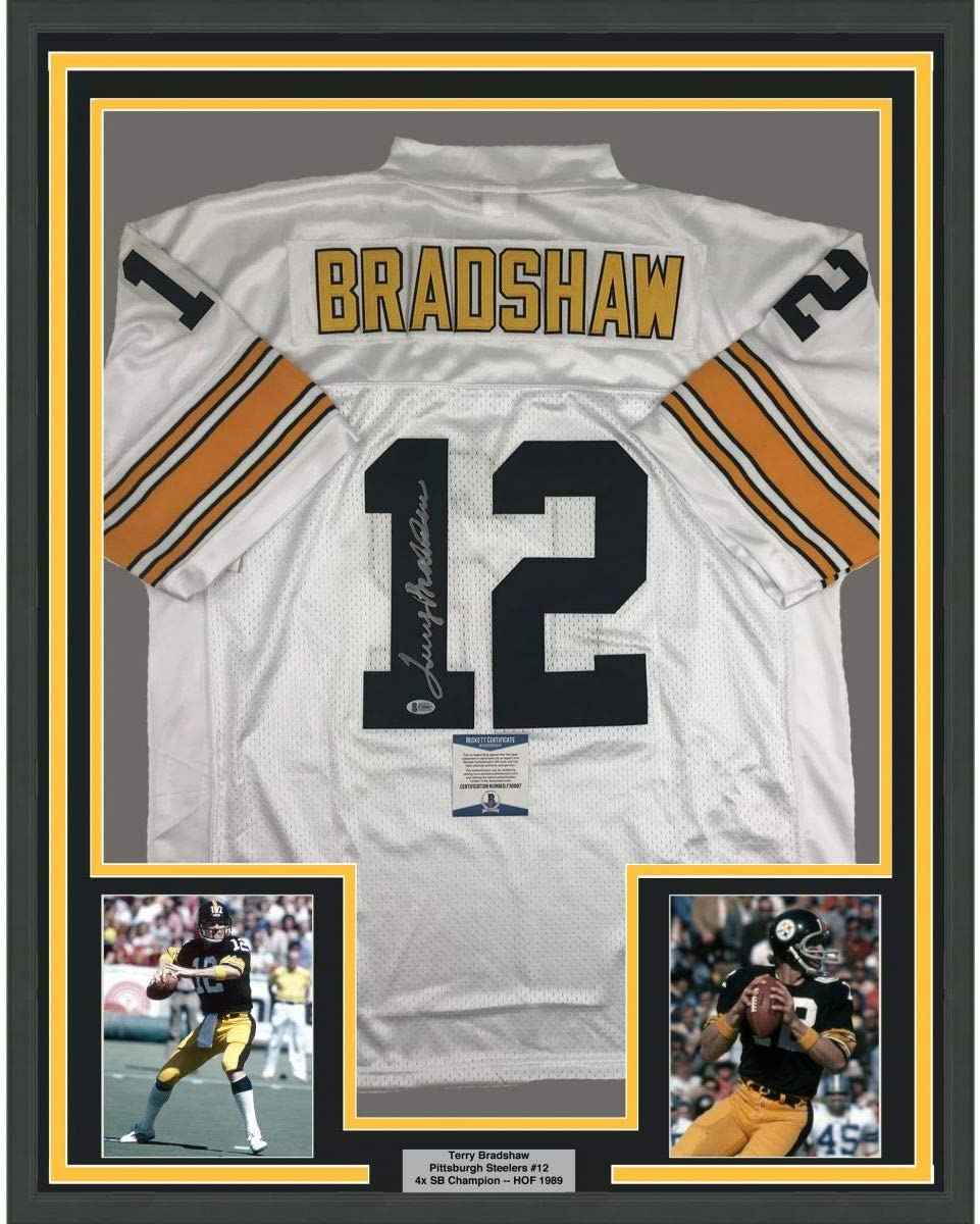 Framed Autographed/Signed Terry Bradshaw 35x39 Pittsburgh White Football Jersey Beckett BAS COA