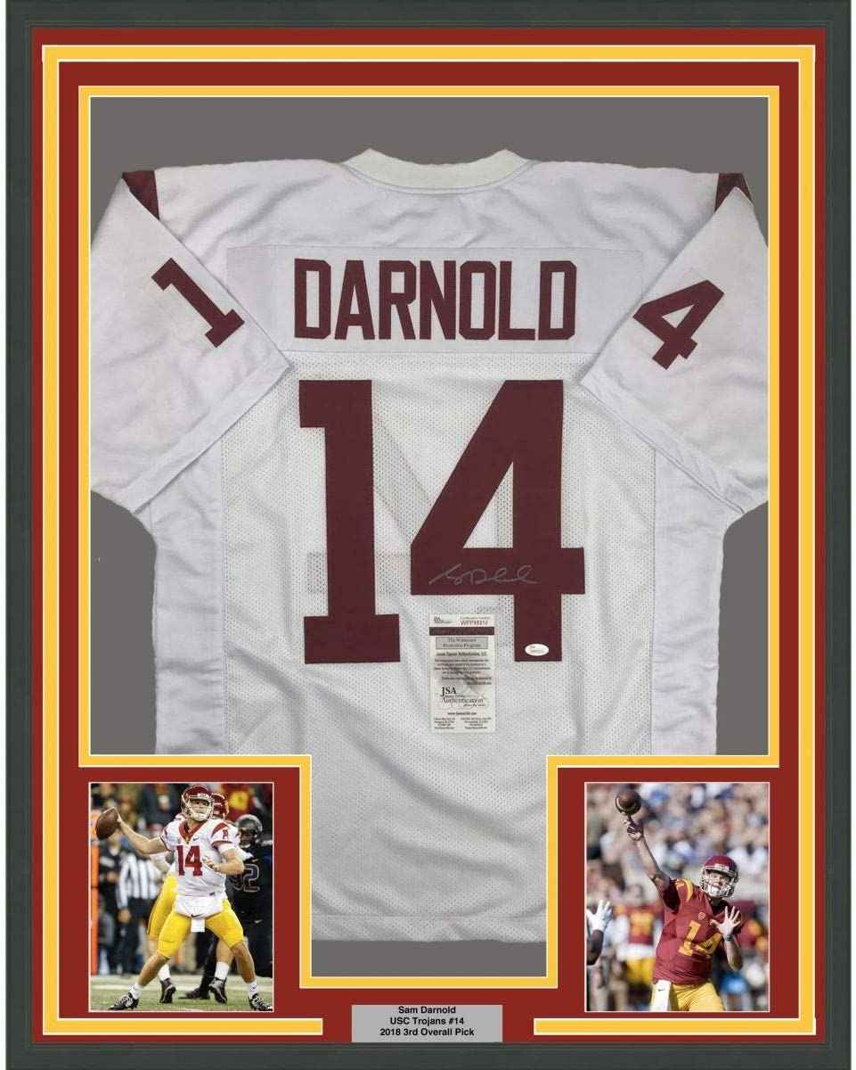 Framed Autographed/Signed Sam Darnold 35x39 USC Southen Cal White College Football Jersey JSA COA