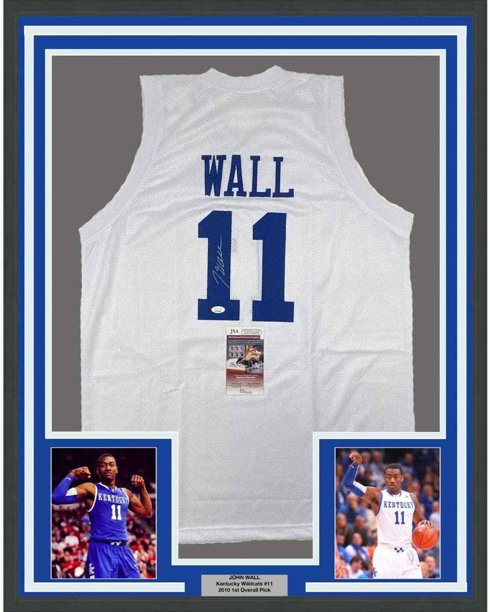 Framed Autographed/Signed John Wall 35x39 Kentucky White College Basketball Jersey JSA COA