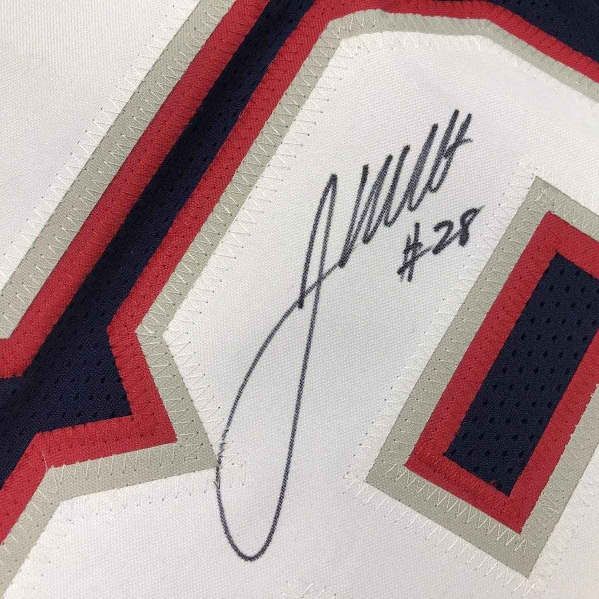Framed Autographed/Signed James White 35x39 New England Blue Football Jersey JSA COA