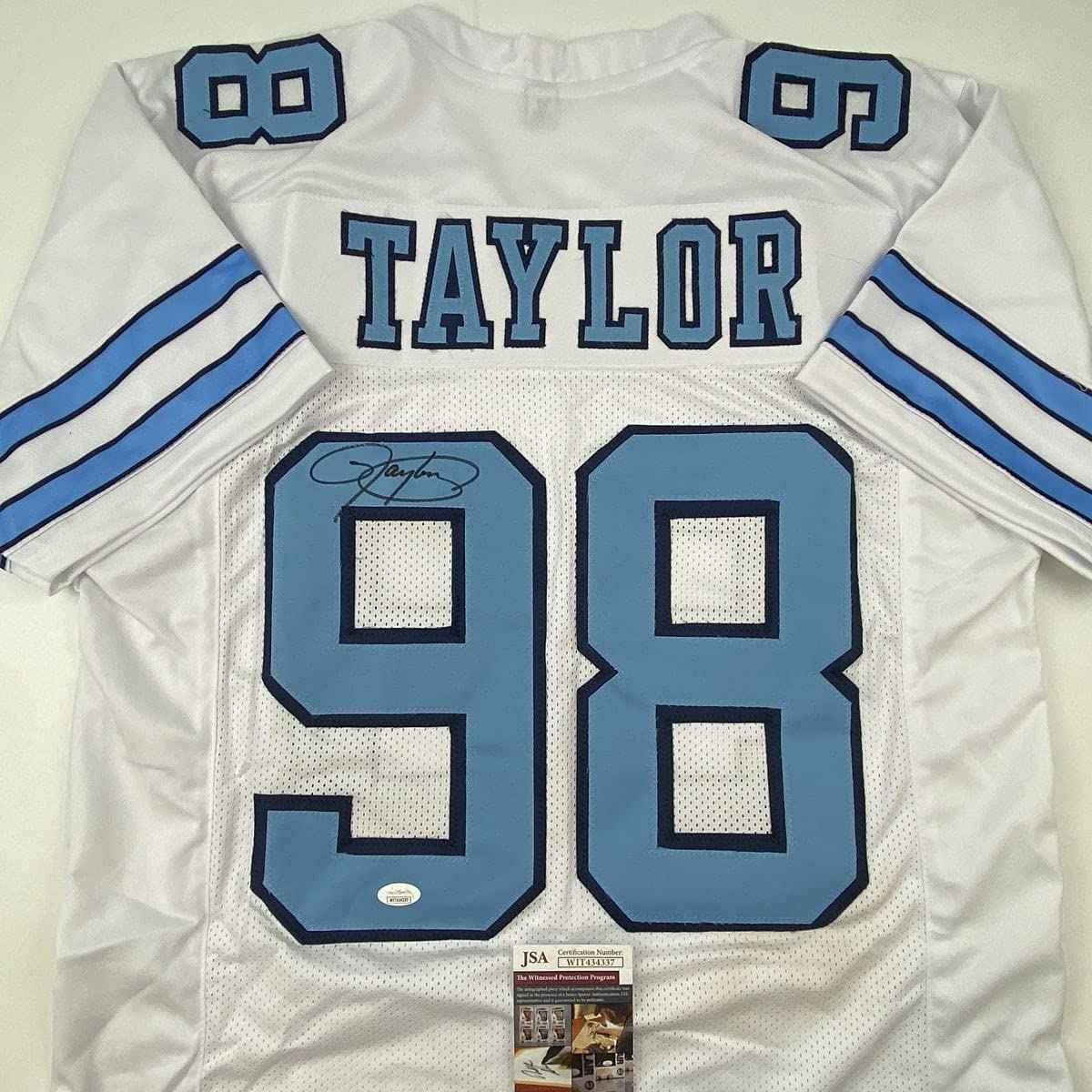 Autographed/Signed Lawrence Taylor North Carolina UNC White College Football Jersey JSA COA