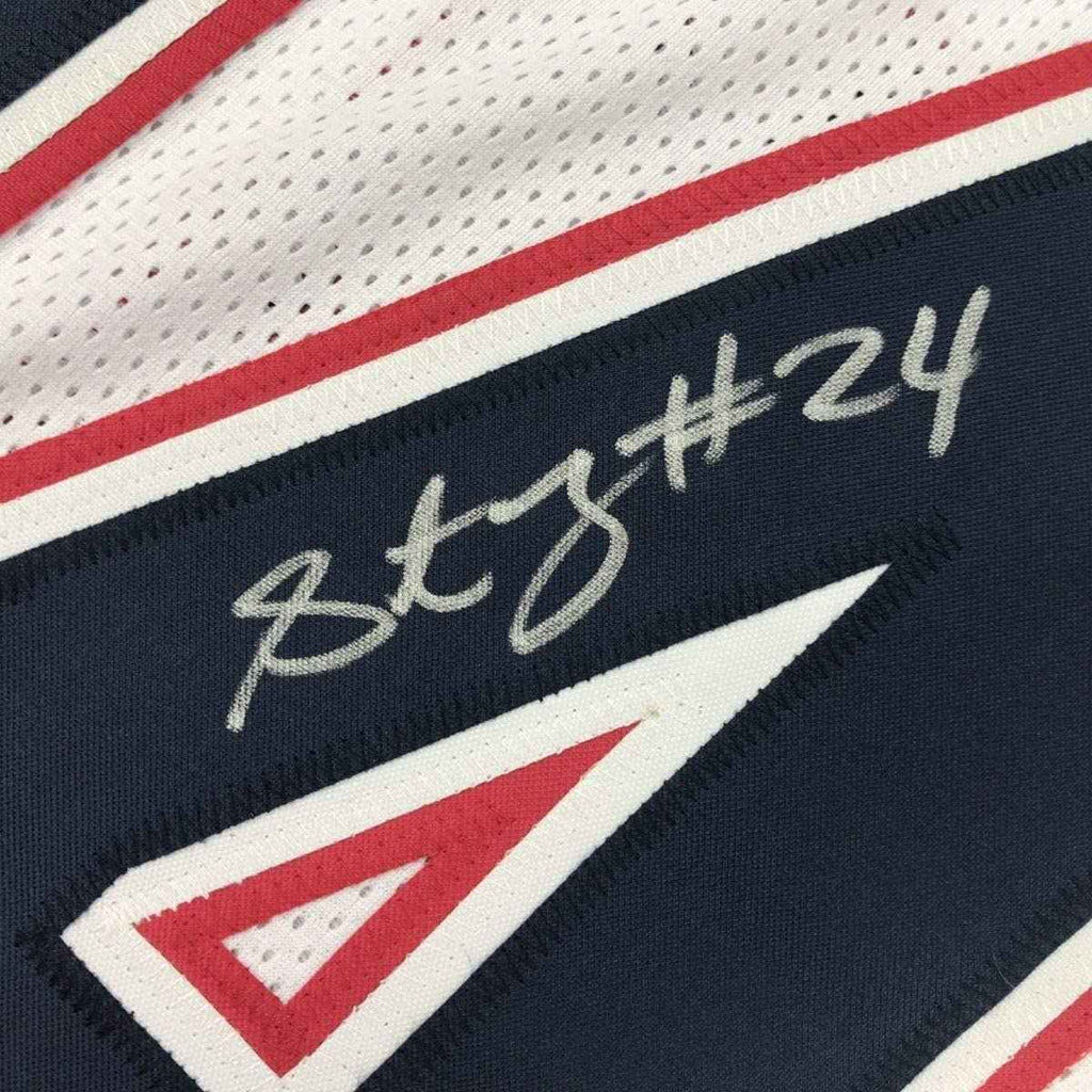 Framed Autographed/Signed Stephon Gilmore 35x39 New England White Football Jersey JSA COA