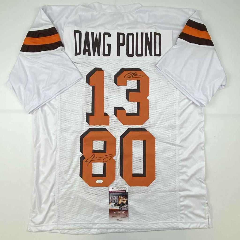 Autographed/Signed Odell Beckham Jr. & Jarvis Landry Cleveland White Football Jersey JSA COA