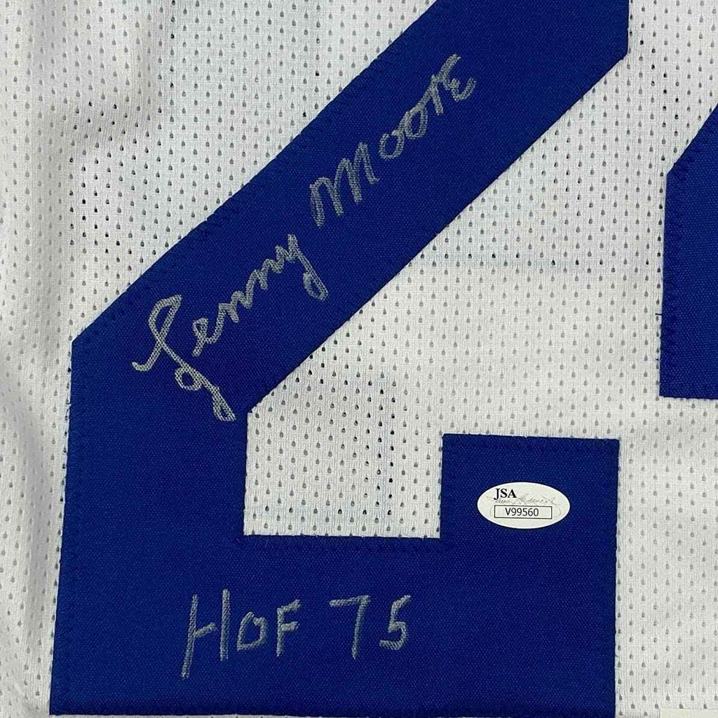 Framed Autographed/Signed Lenny Moore 35x39 HOF 75 Baltimore White Football Jersey JSA COA