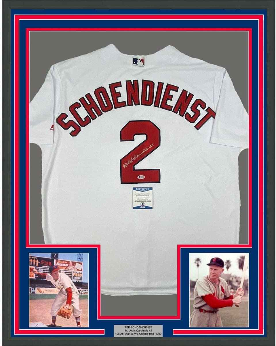 Framed Autographed/Signed Red Schoendienst 35x39 St. Louis White Baseball Jersey Beckett BAS COA