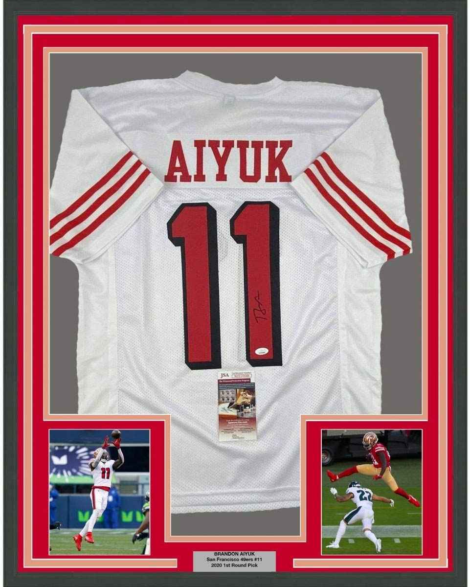 Framed Autographed/Signed Brandon Aiyuk 35x39 San Francisco White Alternate Football Jersey JSA COA