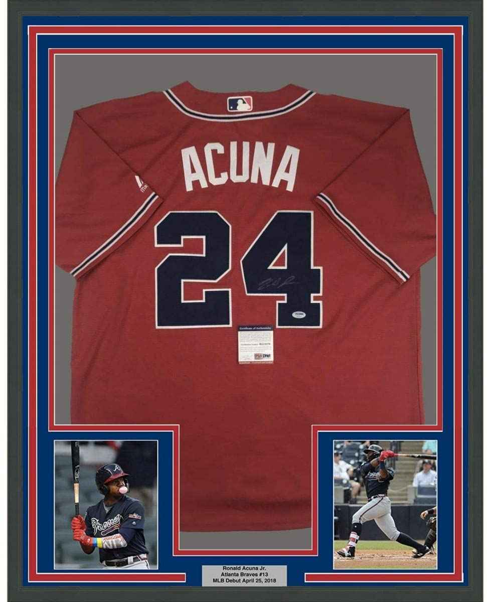 Framed Autographed/Signed Ronald Acuna Jr. 35x39 Atlanta Red Baseball Jersey PSA/DNA COA