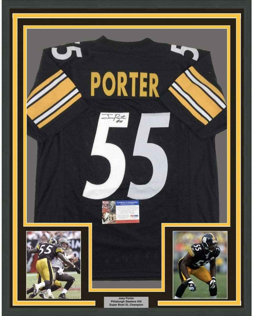 Framed Autographed/Signed Joey Porter 35x39 Pittsburgh Black Football Jersey PSA/DNA COA