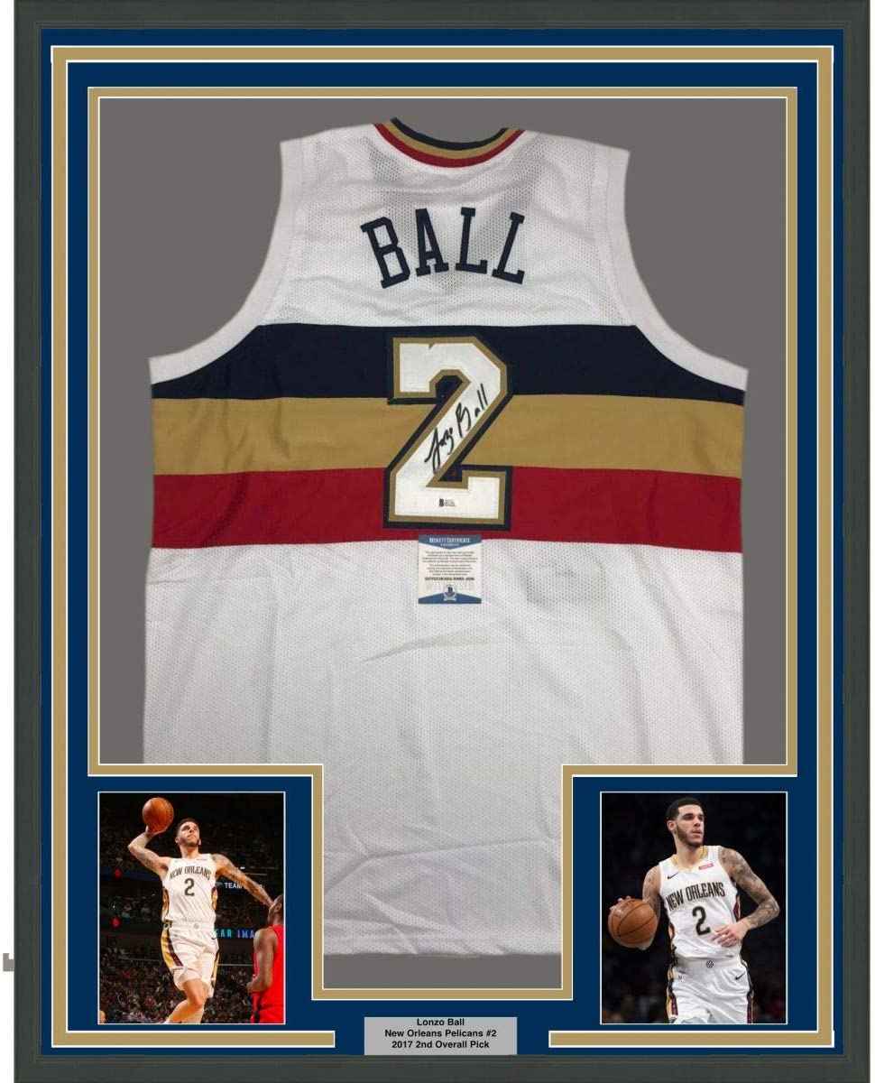 Framed Autographed/Signed Lonzo Ball 35x39 New Orleans White Basketball Jersey Beckett BAS COA