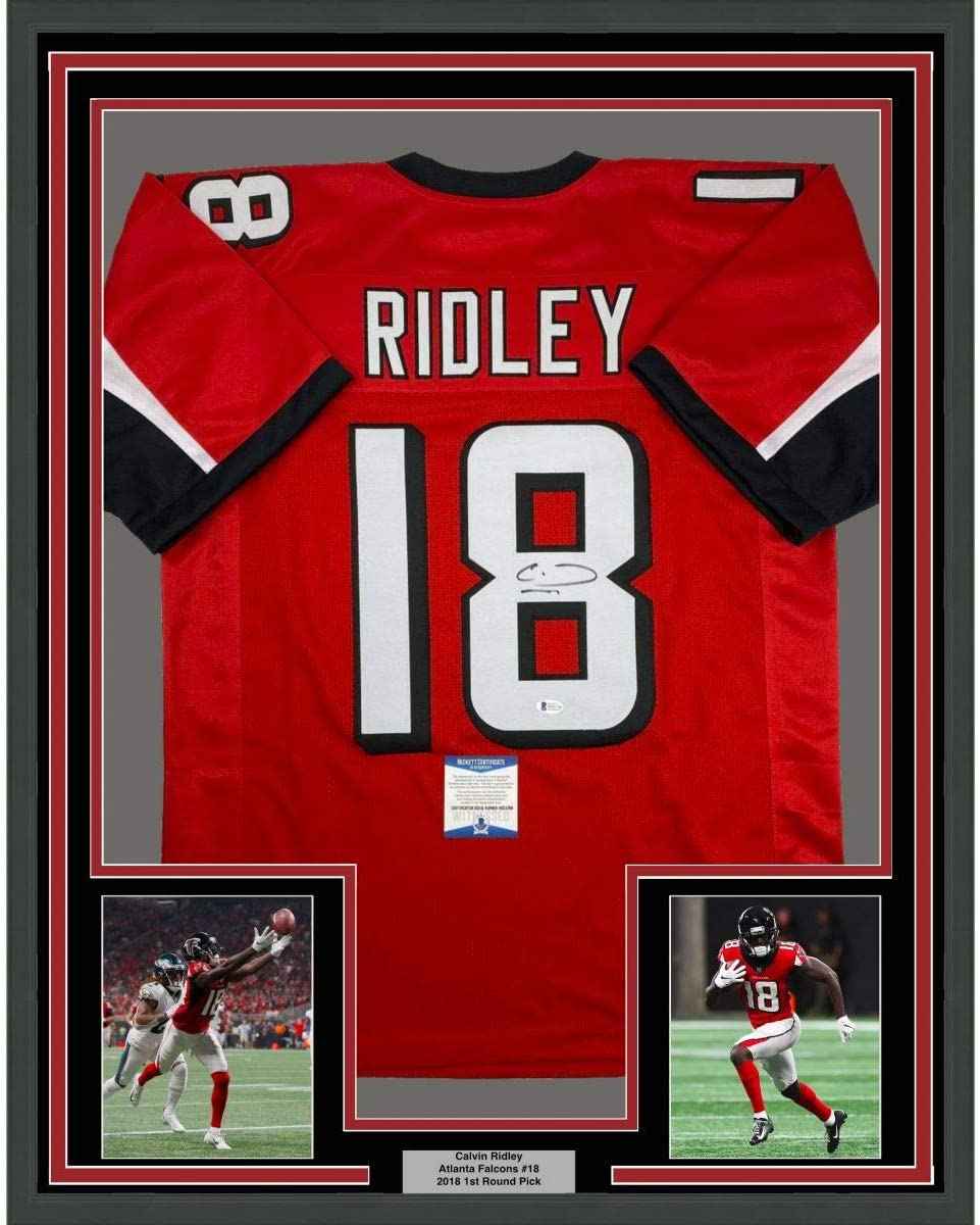 Framed Autographed/Signed Calvin Ridley 35x39 Atlanta Red Football Jersey Beckett BAS COA