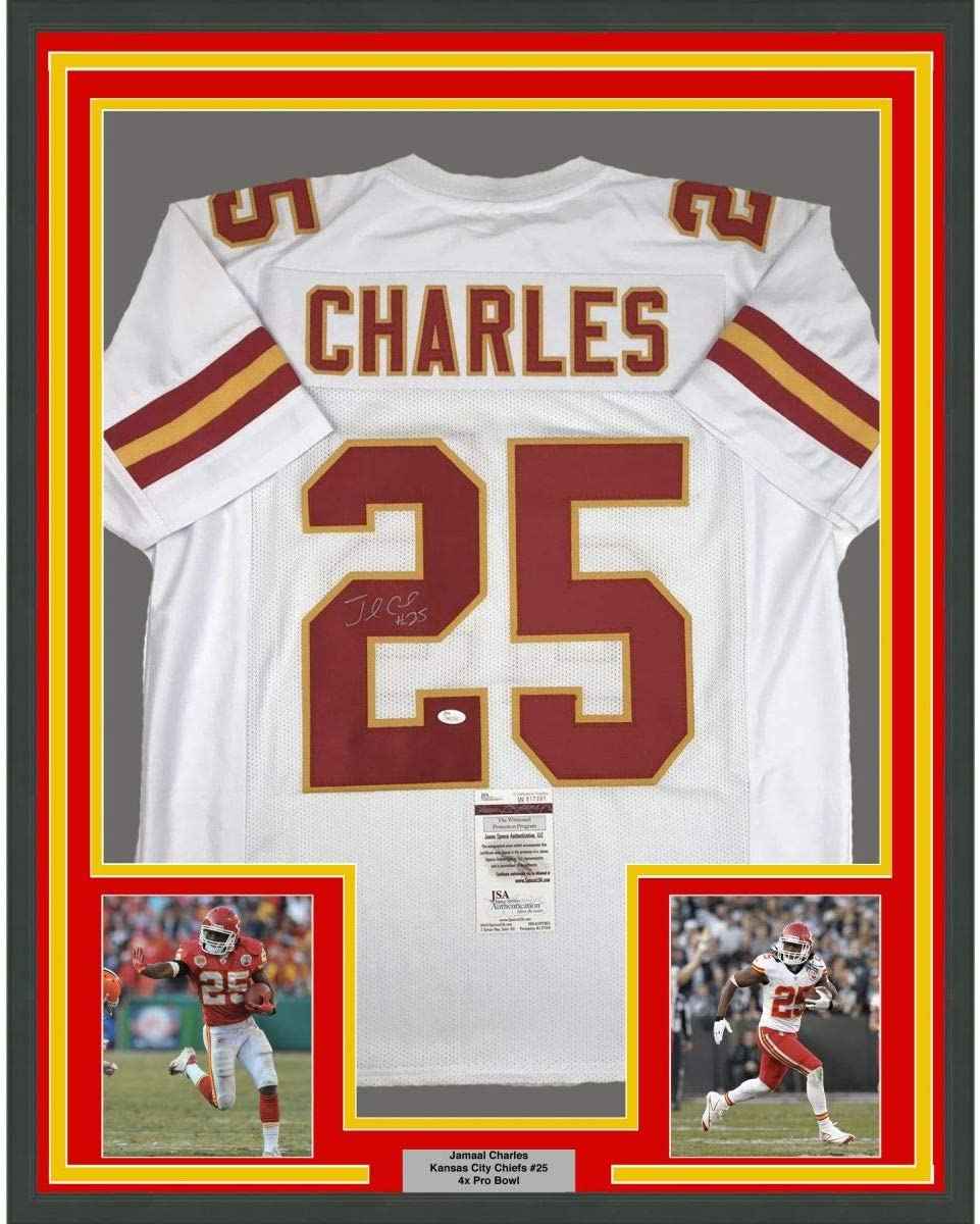 Framed Autographed/Signed Jamaal Charles 35x39 Kansas City White Football Jersey JSA COA