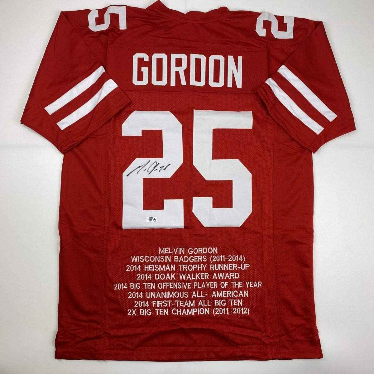 Autographed/Signed Melvin Gordon III Wisconsin Red Stat College Football Jersey Athlete Hologram COA