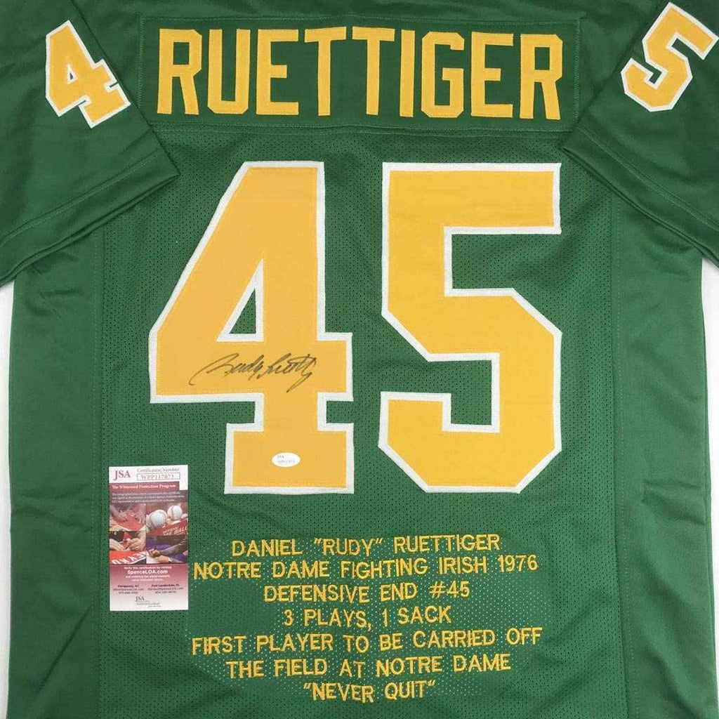 Autographed/Signed Rudy Ruettiger Notre Dame Green Stat College Football Jersey JSA COA