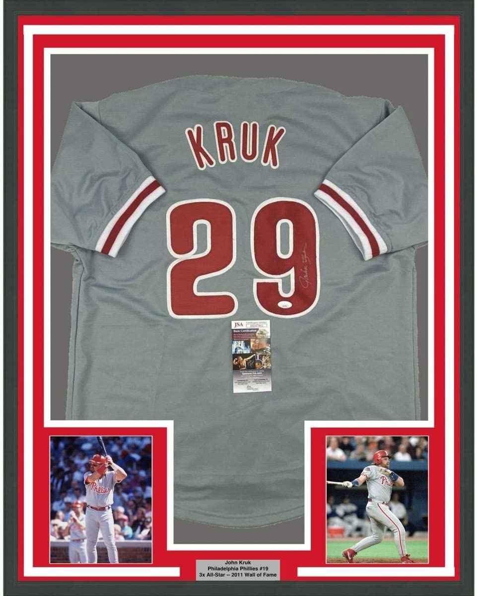 Framed Autographed/Signed John Kruk 35x39 Philadelphia Grey Baseball Jersey JSA COA