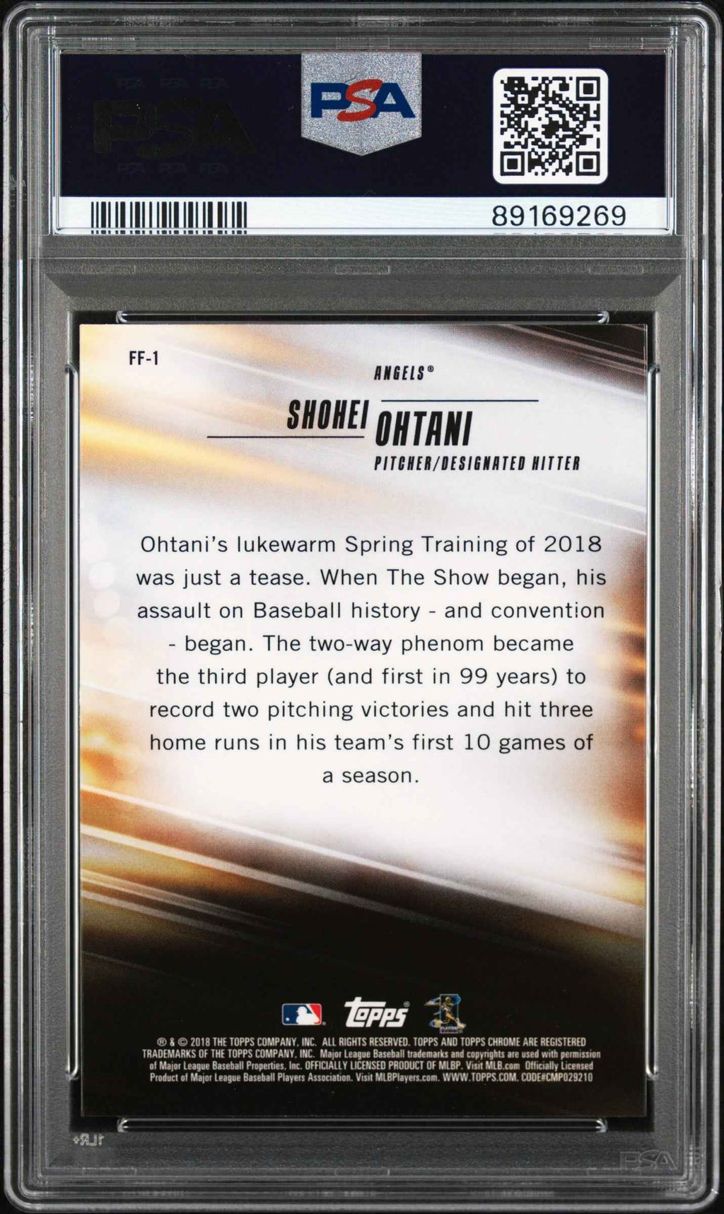 Graded 2018 Topps Chrome Shohei Ohtani #FF1 Freshman Flash Rookie RC Baseball Card PSA 10 Gem Mint