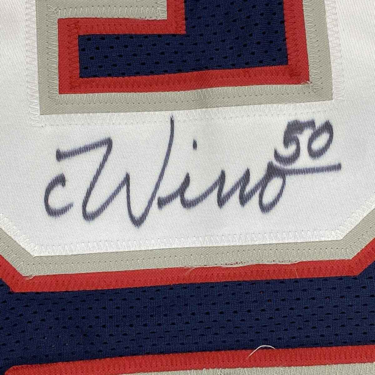 Framed Autographed/Signed Chase Winovich 35x39 New England Blue Football Jersey Beckett BAS COA