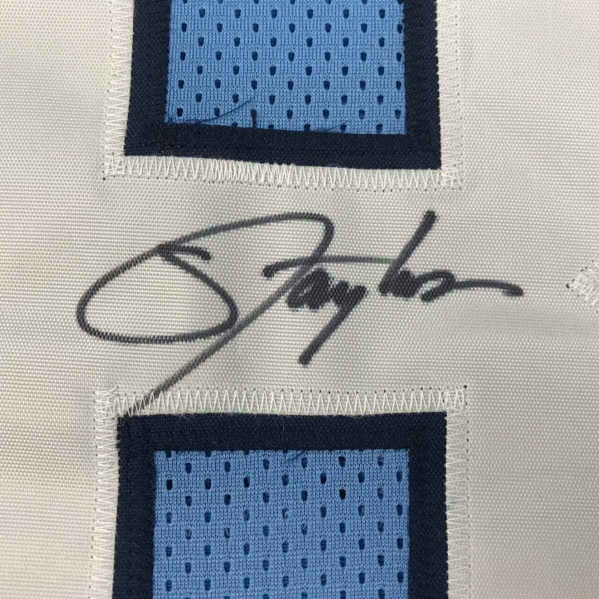 Framed Autographed/Signed Lawrence Taylor 35x39 North Carolina Blue College Football Jersey JSA COA Holo Only