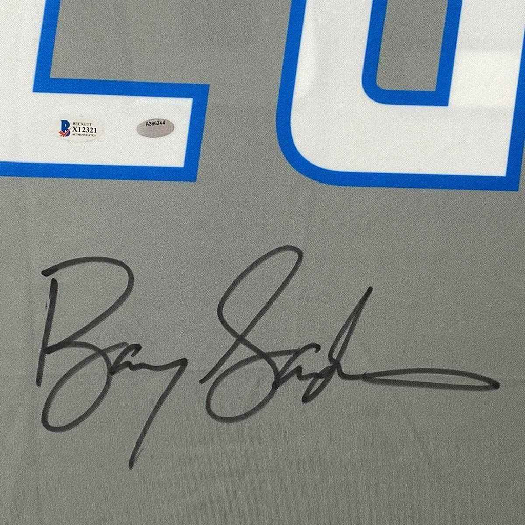 Framed Autographed/Signed Barry Sanders 35x39 Detroit Lions Grey Football Jersey Beckett BAS COA