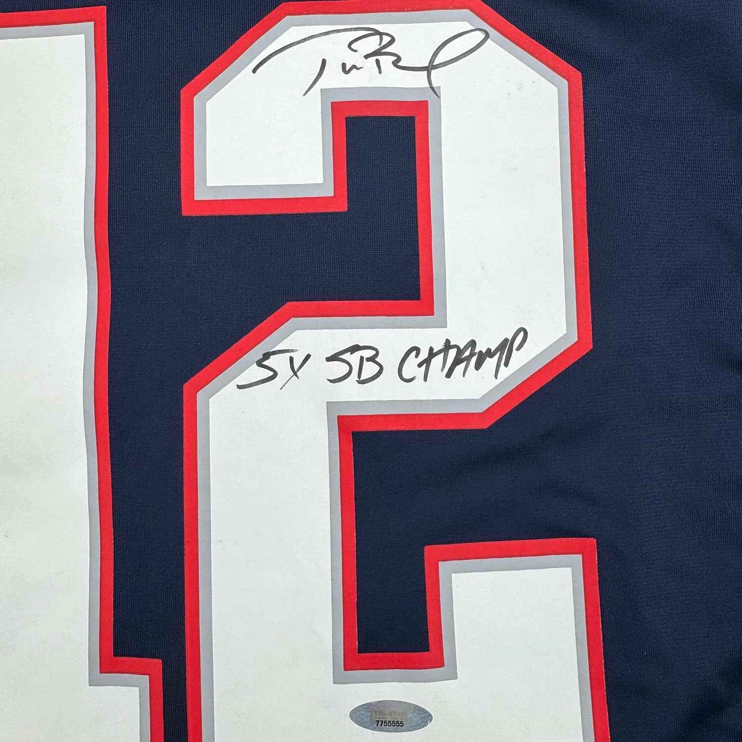 Framed Autographed/Signed Tom Brady "5x SB Champ" 35x39 New England Patriots Blue Authentic Nike Football Jersey Tristar COA