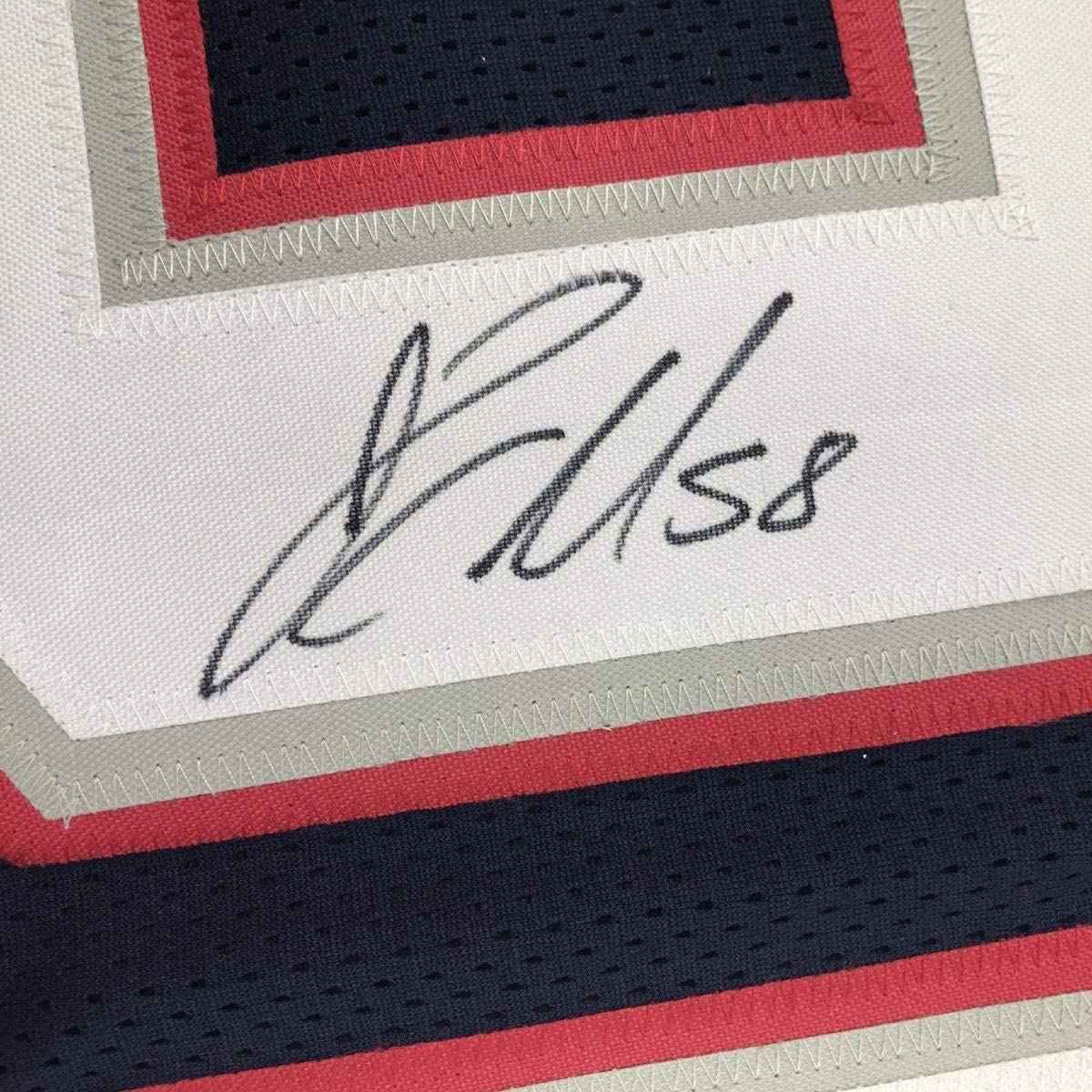 Framed Autographed/Signed Jamie Collins 35x39 New England Blue Football Jersey JSA COA