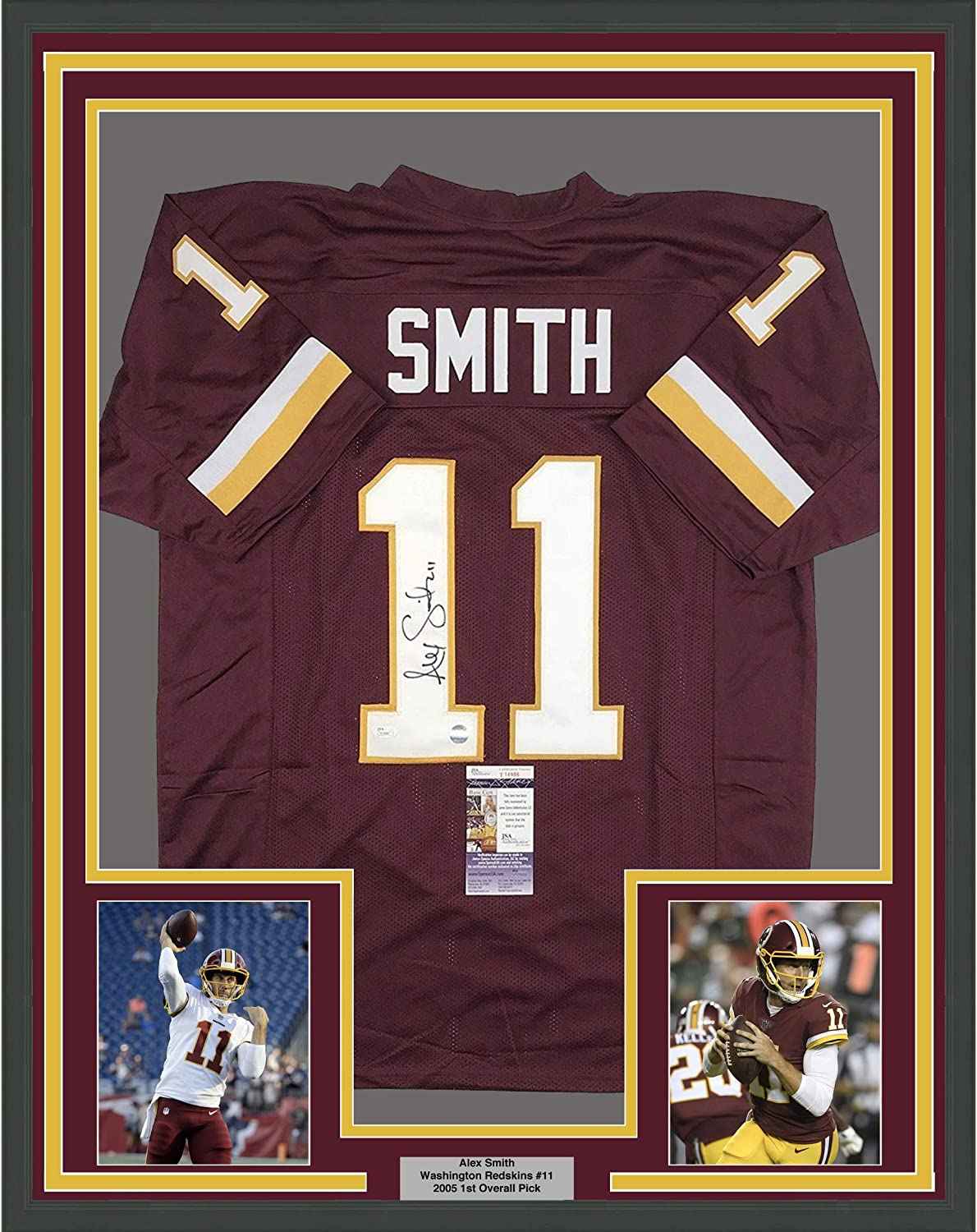 Framed Autographed/Signed Alex Smith 35x39 Washington Burgundy Football Jersey JSA COA