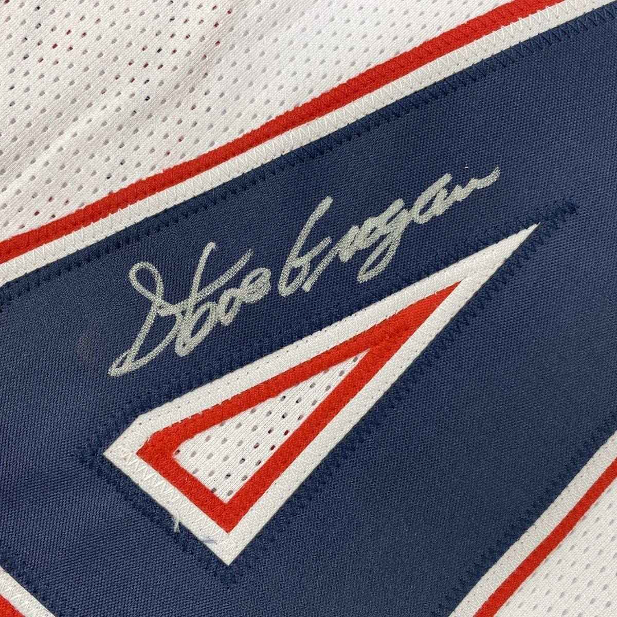 Framed Autographed/Signed Steve Grogan 35x39 New England White Modern Football Jersey JSA COA