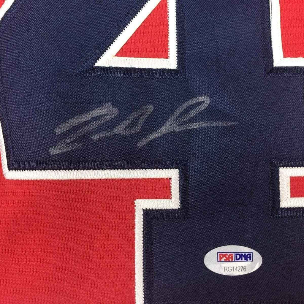 Framed Autographed/Signed Ronald Acuna Jr. 35x39 Atlanta Red Baseball Jersey PSA/DNA COA
