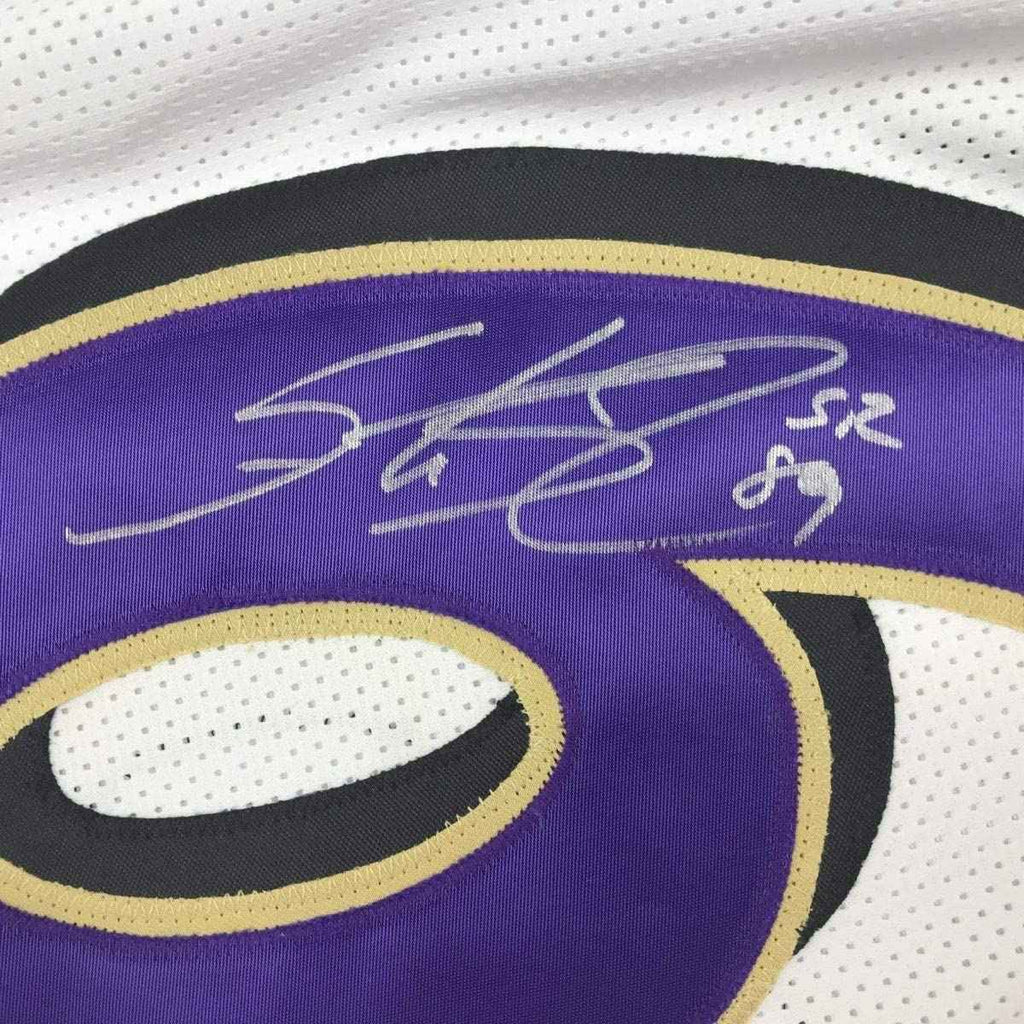 Framed Autographed/Signed Steve Smith Sr. 35x39 Baltimore White Football Jersey JSA COA