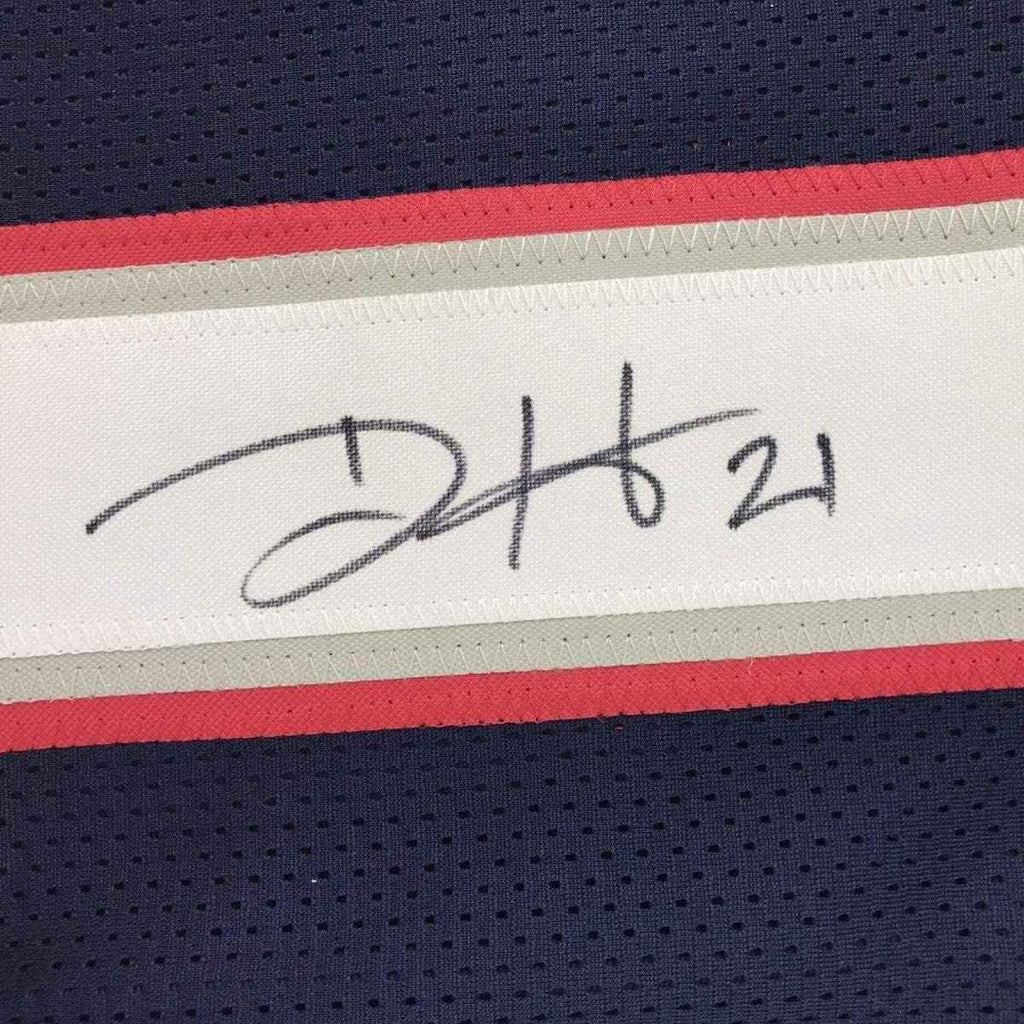 Framed Autographed/Signed Duron Harmon 35x39 New England Blue Football Jersey JSA COA