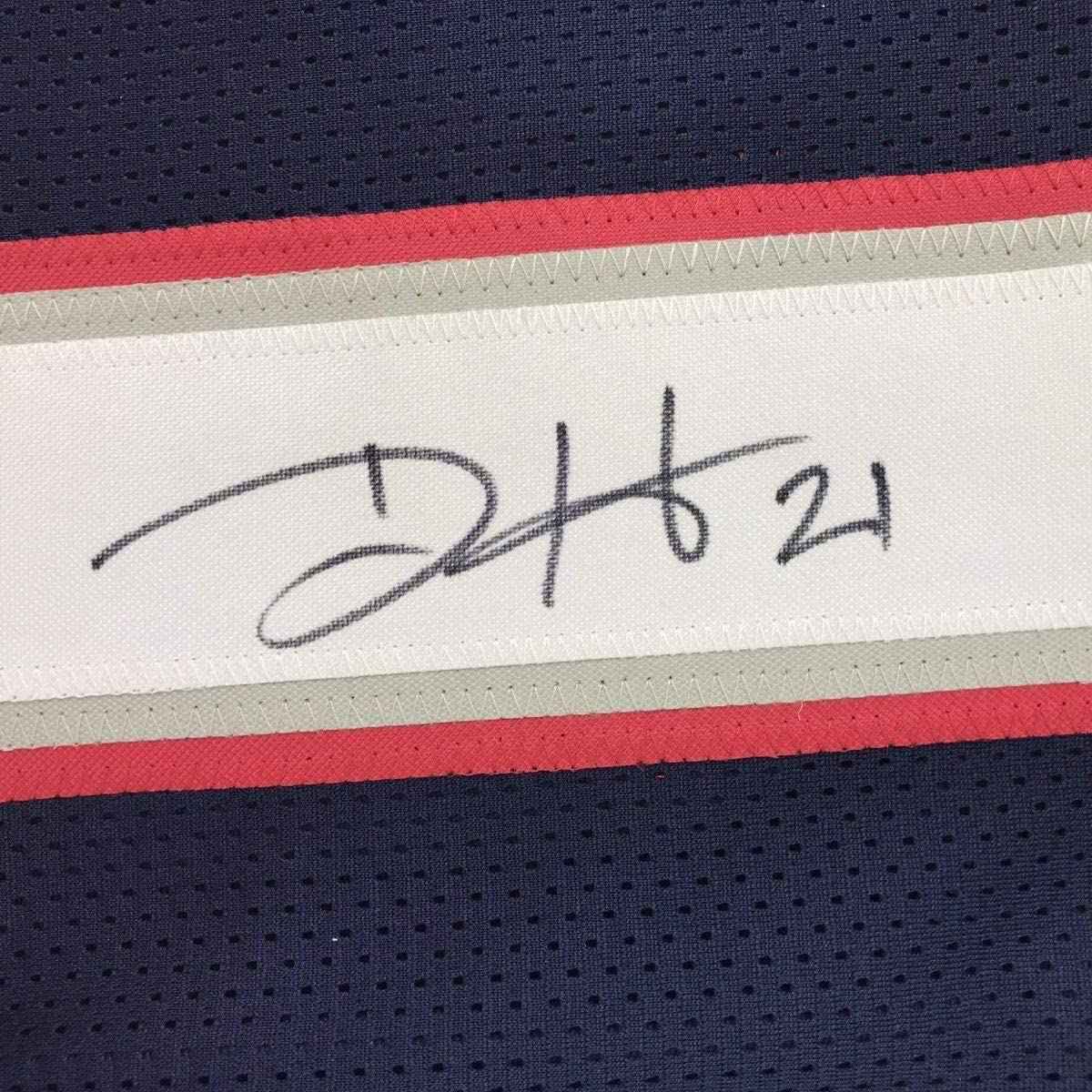 Framed Autographed/Signed Duron Harmon 35x39 New England Blue Football Jersey JSA COA