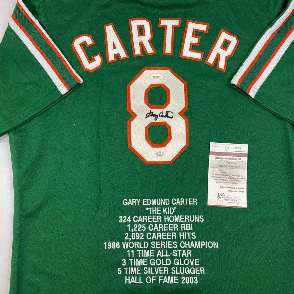 Autographed/Signed Gary Carter New York Green Stat Baseball Jersey JSA COA